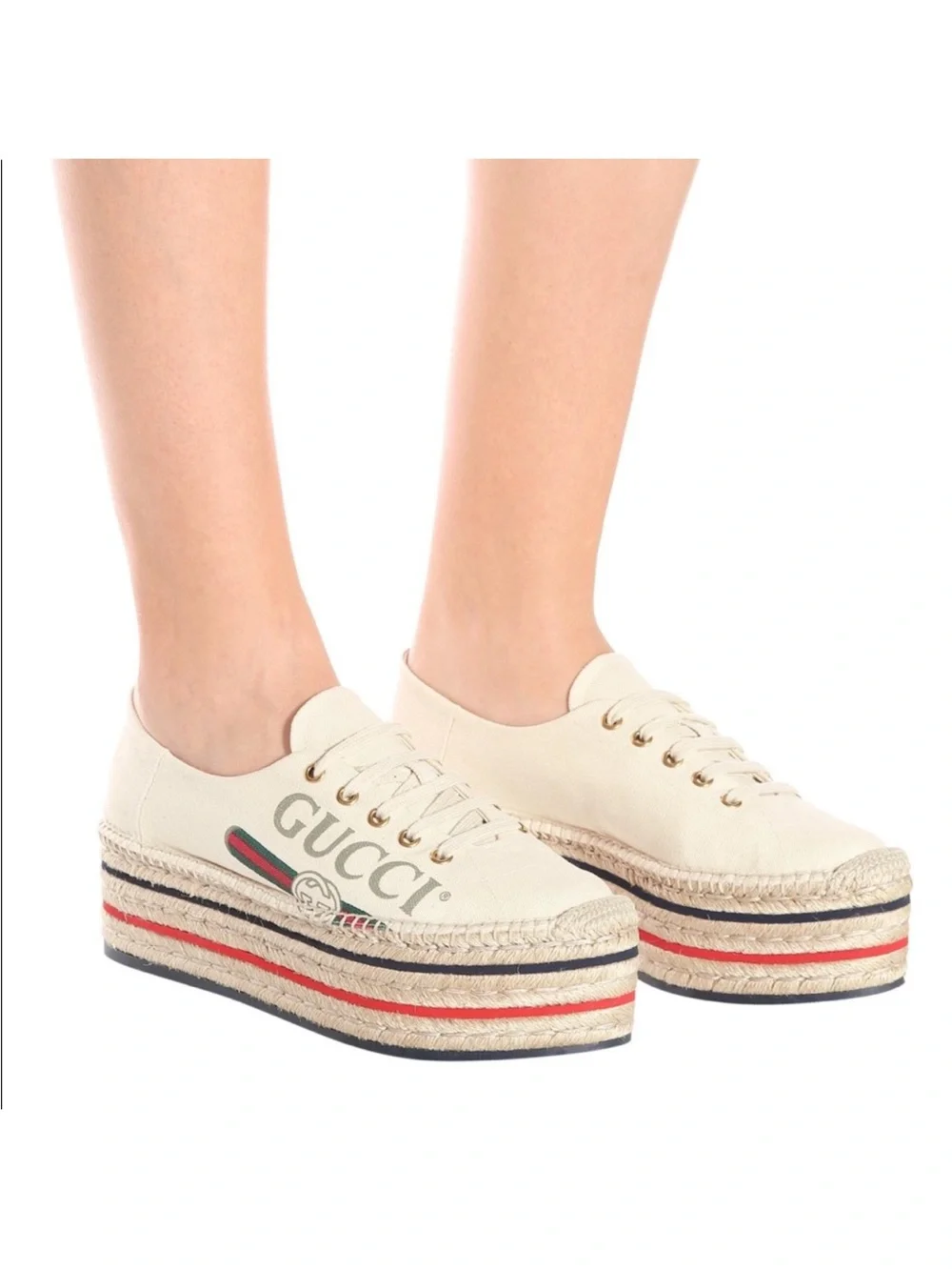 Gucci Cream Canvas Platform Espadrille Sneakers with Red & Green Stripe